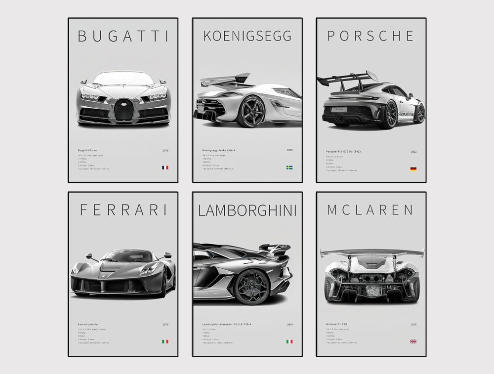Poster digital de autos deportivos en blanco y negro para decoración moderna