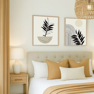 Set de cuadros minimalistas en tonos neutros con líneas abstractas y hojas orgánicas, ideal para decoración