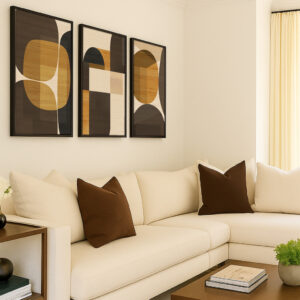 Cuadro decorativo geométrico con textura de madera en tonos marrón, miel y negro